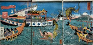 Asahina Yoshihides Kampf mit zwei Krokodilen im Meer vor Kamakura Kotsubo von Utagawa Kuniyoshi
