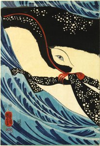 Farbholzschnitt-Triptychon, das den großen Schwertkämpfer Miyamoto Musashi zeigt, wie er einen riesigen Wal vor der Küste der Provinz Hizen angreift: Japan, Edo, von Utagawa Kuniyoshi von Utagawa Kuniyoshi