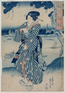 Geisha am Ufer des Sumida-Flusses stehend..., frühe 1830er