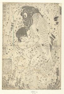 Kintaro kämpft mit einem Karpfen von Utagawa Kuniyoshi