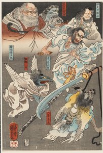 Minamoto Yoshitsune kämpft mit Benkei auf der Gojō-Brücke, mit Hilfe von Tengu-Dämonen von Utagawa Kuniyoshi