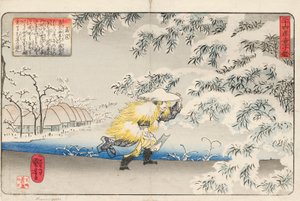 Moso geht durch den Schnee und trägt eine Hacke, um Bambussprossen zu sammeln, um Suppe für seine Mutter zu machen, signiert Ichiyusai Kuniyoshi ga, ca. 1843 von Utagawa Kuniyoshi