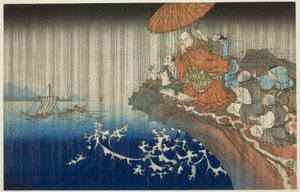 Gebet um Regen in Ryozengasaki in Kamakura, 1271, aus der Serie "Kompakte illustrierte Biografie des großen Priesters [Nichiren]"