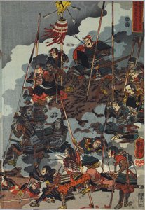 Blatt aus einem Farbholzschnitt-Triptychon mit dem Titel Eiroku yonnen kugatsu yokka Kawanakajima kassen ni Yamamoto Kansuke nyūdō no uchijini no zu