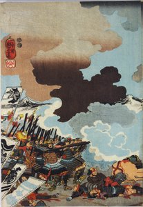 Blatt aus einem Farbholzschnitt-Triptychon mit dem Titel Eiroku yonnen kugatsu yokka Kawanakajima kassen ni Yamamoto Kansuke nyūdō no uchijini no zu