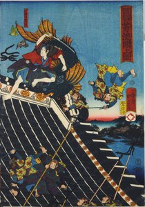 Blatt aus einem Farbholzschnitt-Triptychon, betitelt Hōryūkaku shō no zu, das eine Szene aus dem Hakkenden von Takiwzawa Bakin zeigt, die einen Kampf auf dem Tempeldach zwischen Inuzuka Shino darstellt