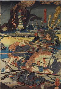 Blatt aus einem Farbholzschnitt-Triptychon mit dem Titel Shinshū Odai kassen no zu (Die Schlacht von Odai in der Provinz Shinano), das Odai Akarokurō Yorisada zeigt, wie er drei Männer aufspießt, während im Hintergrund seine Burg brennt: Japan, Edo, von Ut von Utagawa Kuniyoshi