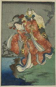 Shizuka Gozen, Abschnitt eines Blattes aus der Serie "Ein Harimaze-Spiegel von Joruri-Stücken (Harimaze joruri kagami)" von Utagawa Kuniyoshi