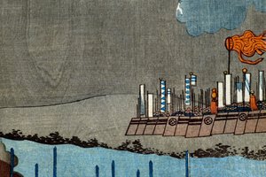 Takeda Shingen zerschmettert die Kräfte von Suwa Yorishige (Takeda Shingen Suwa Yorishige no jinchū o uchi-kuzusu zu), ca. 1850-51