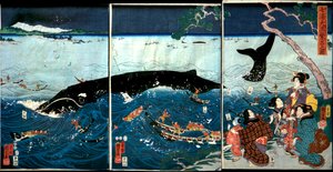 Das Gedeihen der sieben Küsten mit großen Fischen (Nana ura tairyō hanjō no zu) von Utagawa Kuniyoshi