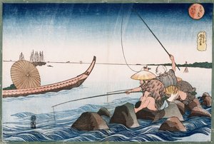 Drei Angler beim Fischen in Teppozu", aus der Serie "Berühmte Orte der östlichen Hauptstadt" von Utagawa Kuniyoshi