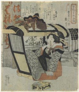 Frau als Heldin Taiso_ in Sänfte mit einer Pfeife, ca. 1830 von Utagawa Kuniyoshi