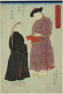Chinesischer Mann aus Nanking bewundert einen Fächer (Shincho Nankinjin kansho Koshu ogi no zu), aus der Serie "Aus dem Leben gezeichnete Ausländer (Ikiutsushi ikoku jinbutsu)" von Utagawa Sadahide