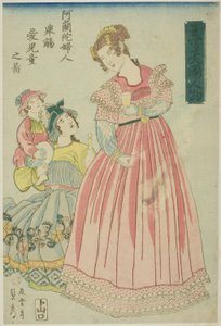 Niederländische Frau, die ihren Kindern zuprostet, aus der Serie "Aus dem Leben gezeichnete Ausländer" von Utagawa Sadahide