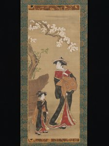 Kurtisane und ihre Begleiterin unter einem Kirschbaum von Utagawa Toyoharu