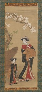 Kurtisane und ihre Begleiterin unter einem Kirschbaum von Utagawa Toyoharu