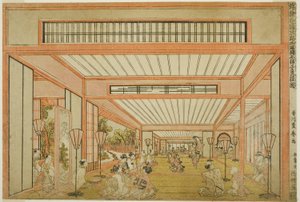 Ansichten von Empfangsräumen in Japan - Unterhaltungen am Tag der Ratte im modernen Stil (Uki-e wakoku keiseki ozashiki imayo ne no hi no asobi no zu)