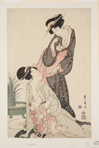 Zwei Frauen mit Goldfisch und stillendem Baby von Utagawa Toyohiro