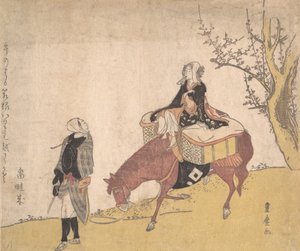 Version der Legende von Michizane: Frau reitet auf einem Pferd, das ein Mann führt