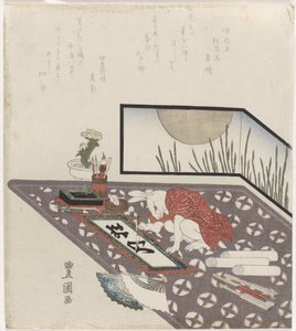 Hase, der einen Neujahrswunsch für das Jahr des Hasen (1819) kalligrafiert von Utagawa Toyokuni (I)