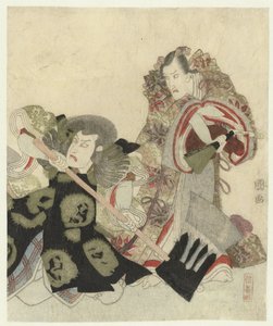 Ichikawa Danjūrō VII als Yoshimune no Munesada mit Fächer und Ichikawa Omezō in der Rolle von Sekibei mit Axt von Utagawa Toyokuni (I)