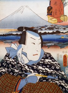 Porträt eines Kabuki-Theaterschauspielers vor dem Berg Fuji, ukiyo-e Kunstdruck von Utagawa Toyokuni (1769-1825), Holzschnitt, japanische Zivilisation, Edo-Zeit