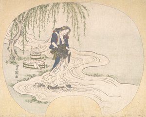 Eine Frau steht auf einem Felsen in einem Bach und wäscht Kleidung, ca. 1828 von Utagawa Toyokuni II