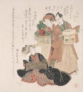 Schauspieler Nakamura Utayemon mit zwei Frauen, die sich auf die Neujahrszeremonie vorbereiten, 19. Jahrhundert
