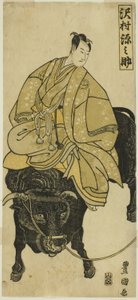 Schauspieler Sawamura Gennosuke reitet auf einem Ochsen als Sugawara no Michizane