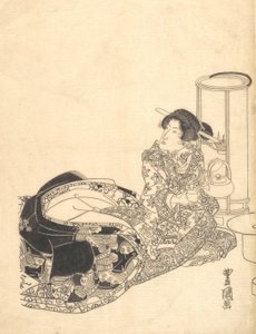 Kurtisane oder Schauspieler als Kurtisane, die bei Laternenlicht Tee einschenkt von Utagawa Toyokuni I