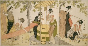 Wäsche waschen am Brunnenrand von Utagawa Toyokuni I