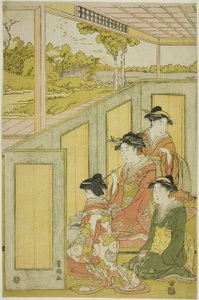 Damen hinter einem Schirm in der Residenz eines Daimyo von Utagawa Toyokuni I
