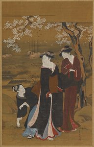 Drei Frauen unter einem blühenden Kirschbaum am Meer, 1769-1825 von Utagawa Toyokuni I