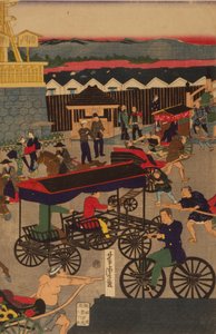 Blühender Nihonbashi-Abschnitt von Tokio. Tokyo Nihonbashi han ei no zu Triptychon von Utagawa Yoshitora