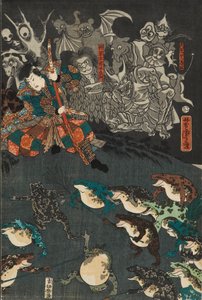 Nikushi der Froschgeist beschwört einen magischen Kampf der Frösche in Tateyama in der Provinz Etchu, 1864