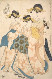 Die Oiran Hanaogi von Ogiya, begleitet von zwei Shinzo und ihrer Kamuro Yoshino, ca. 1806 von Utamaro II