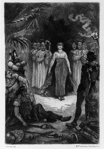 Illustration von V.A. Poirson (1890) für den Roman „Salammbo“ von Gustave Flaubert, der den Söldnerkrieg zur Zeit des Ersten Punischen Krieges (246-241 v. Chr.) zwischen den Römern und Karthagern als Rahmen nimmt.