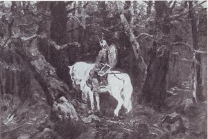 Im Nachdenken (Ritter auf einem Pferd reitet in einen dichten Wald) von V.Vasnetsov