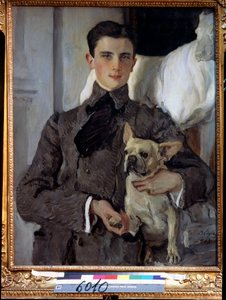 Porträt des Prinzen Felix Yusupov, Graf Sumarokov Elston (1887-1967), mit einem Hund. Gemälde von Valentin Alexandrovich Serov (1865-1911), Öl auf Leinwand