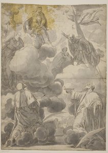 Die Jungfrau und das Kind in den Wolken, umgeben von Engeln und den Heiligen Cosmas und Damian, Cecilia, Secondo und Marina von Valentin Lefèvre