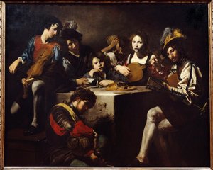 Das Konzert im Flachrelief. Musiker versammelt um einen skulptierten Altar. Gemälde von Valentin de Boulogne (1591-1632) von Valentin de Boulogne