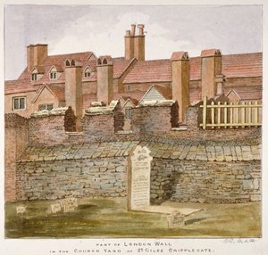 Überreste der Londoner Mauer im Kirchhof von St. Giles ohne Cripplegate, City of London, 1825