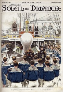 Das Gebet der Matrosen an Bord eines russischen Kreuzers. Nach einem Aquarell von Herrn Gribayedoff. Gravur in „Le soleil-du-dimanche“