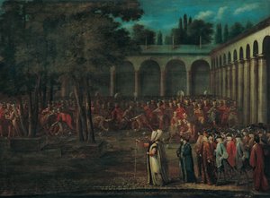 Die Botschafterdelegation durchquert den zweiten Hof des Topkapi-Palastes, 1720er Jahre