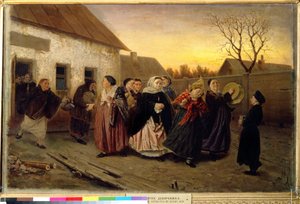 Russischer Brauch: Prozession von Frauen, die am Vorabend einer Hochzeit aus einem Haus tanzen und singen von Vasili Grigorevich Perov