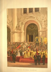 Das kaiserliche Paar verlässt die Kathedrale Christus der Erlöser aus dem Krönungsalbum, 1883