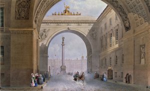 Der Bogen des Generalstabsgebäudes in Sankt Petersburg. Werk von Vasily Semyonovich Sadovnikov (1800-1879), Aquarell auf Papier, um 1830. Russische Kunst des 19. Jahrhunderts. Staatliche Eremitage, Sankt Petersburg
