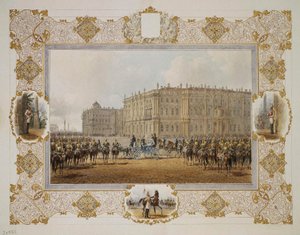 Parade des Horse-Guardsmen-Regiments vor dem Winterpalast, 1850er Jahre von Vasili Semenovich Sadovnikov