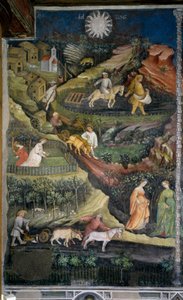 April: Pflügen und Säen der Felder. Agrarszene mit Pflug, Egge und landwirtschaftlichen Werkzeugen auf dem Land. Gemälde des Meisters der Monate oder Meister Wenzel (Anfang des 15. Jahrhunderts)