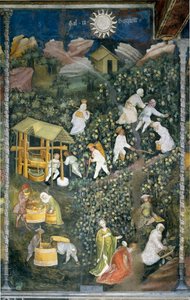 Oktober: Ernteszene, Traubenlese und Vorbereitung des Mosts (Weinpressen).